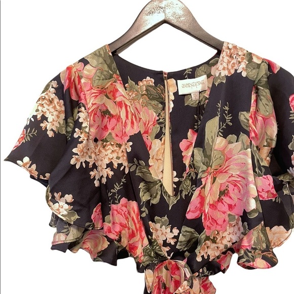 Divine Heritage Floral Cutout V Neck Tie Keyhole Back Flutter Sleeve Midi Dress - Picture 12 of 16